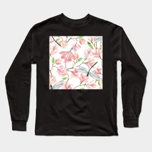 Dragonflies and Pink Magnolia Flowers Long Sleeve T-Shirt